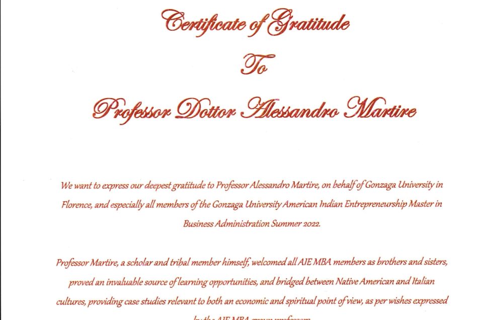 Certificate of Gratitude della Gonzaga University